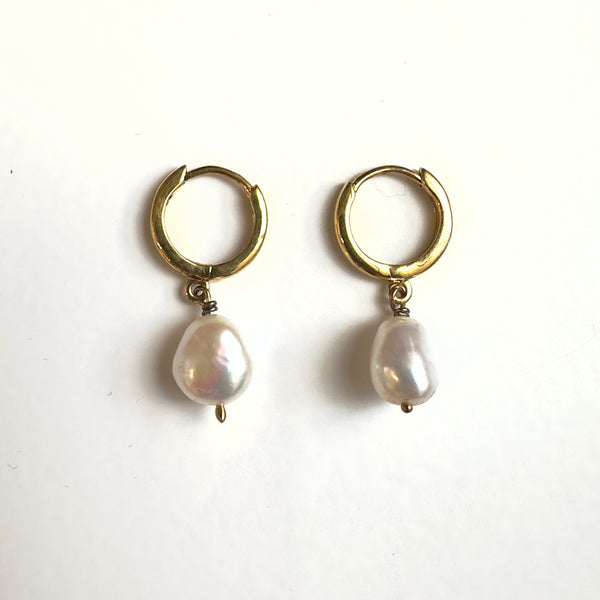 Gold Plated Freshwater Pearl Drop Huggie Earrings.jpg