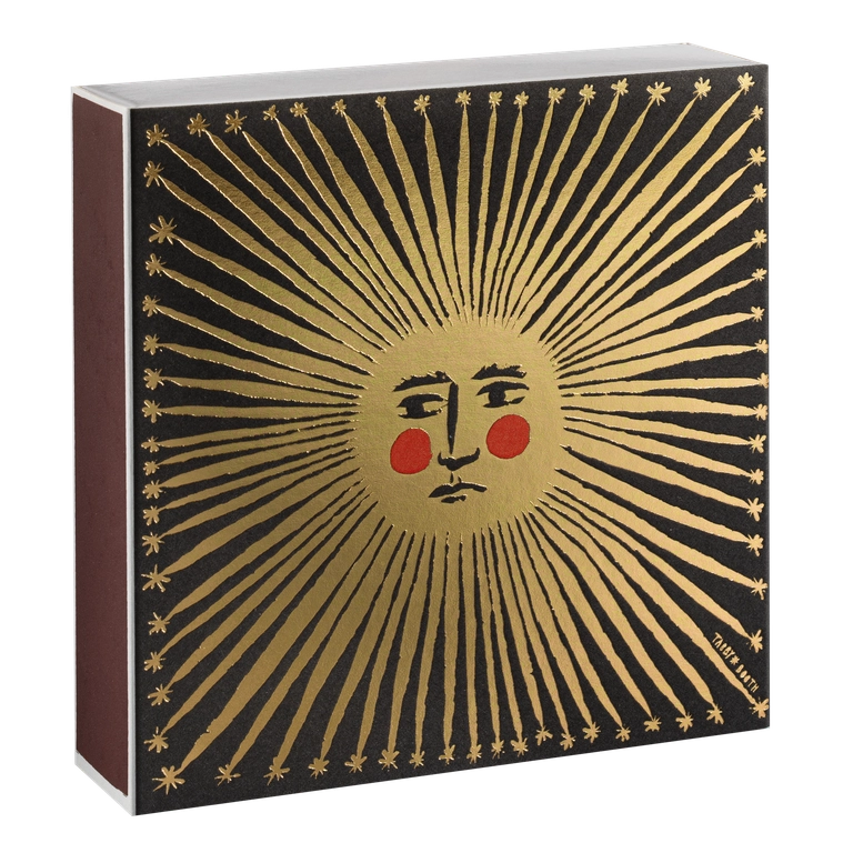 Archivist Decorative box with sun design and face on a black background