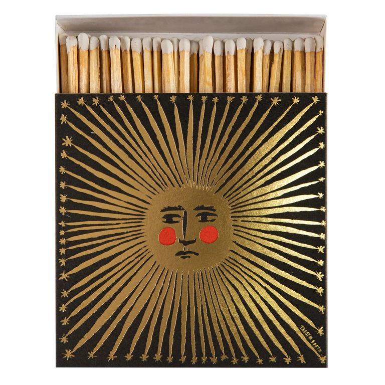 Archivist Matches with a decorative box featuring a sun design on a white background