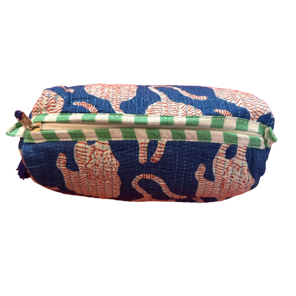 Blue pouch with white patterns on an orange background