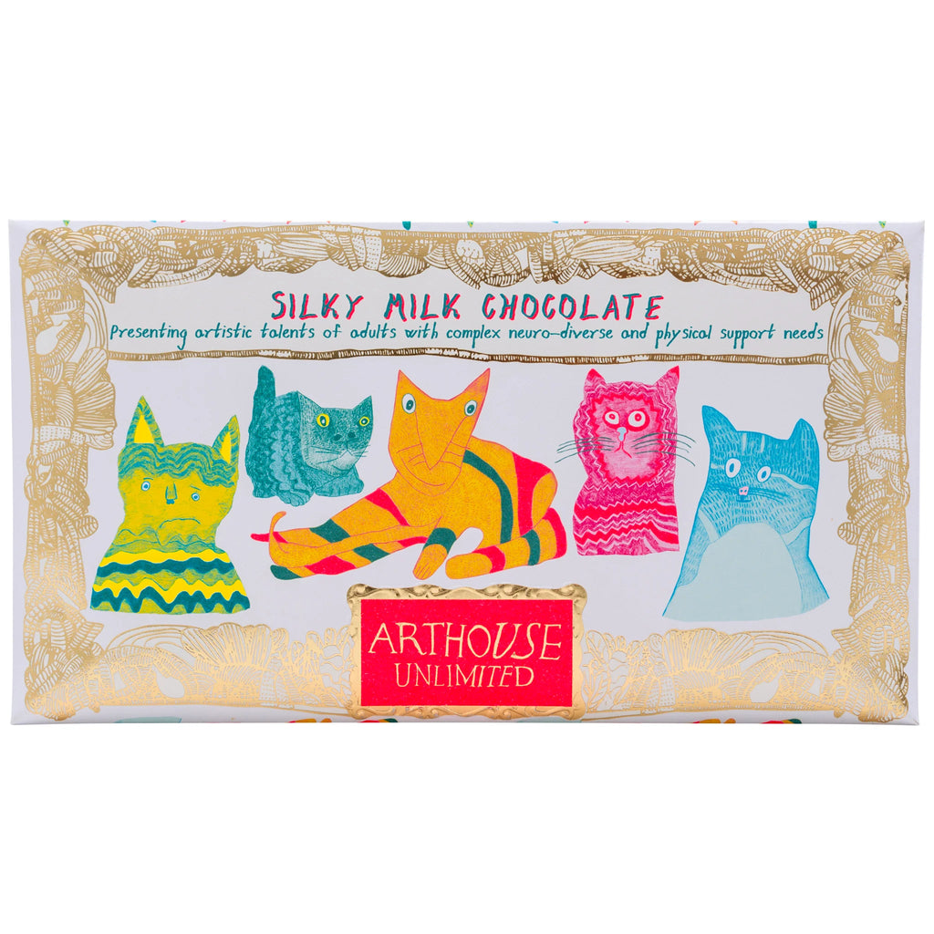 Arthouse Unlimited Silky milk chocolate bar with colorful cat illustrations on a decorative box, featuring the brand 'Arthouse Unlimited'.