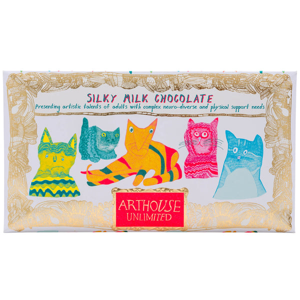 Arthouse Unlimited Silky milk chocolate bar with colorful cat illustrations on a decorative box, featuring the brand 'Arthouse Unlimited'.