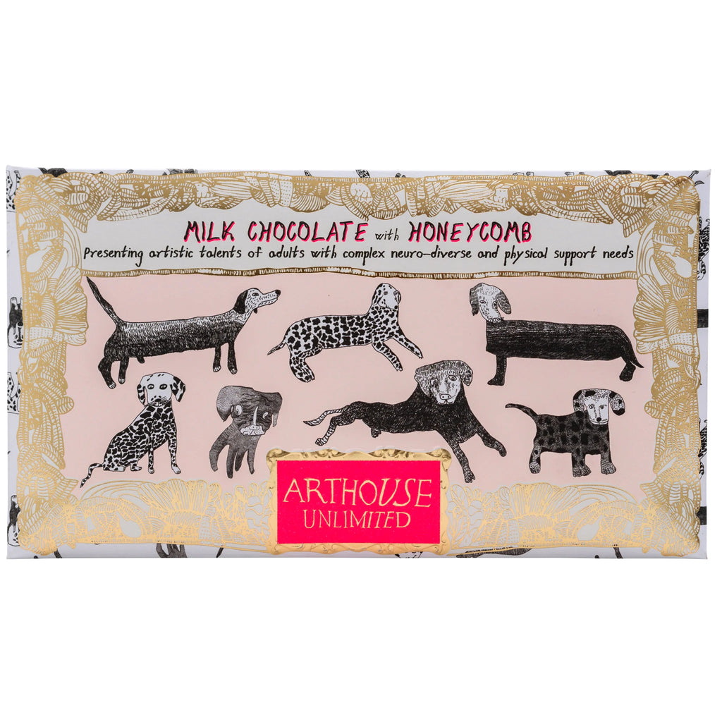 Arthouse Chocolate bar packaging with illustrations of dogs and Arthouse Unlimited branding.
