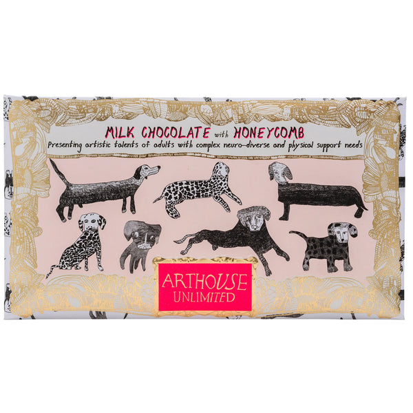 Arthouse Chocolate bar packaging with illustrations of dogs and Arthouse Unlimited branding.