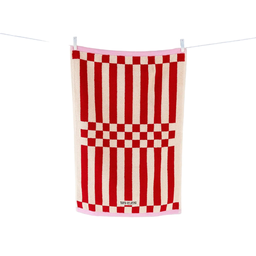 Red and white checkered towel hanging on a line against a blue sky background