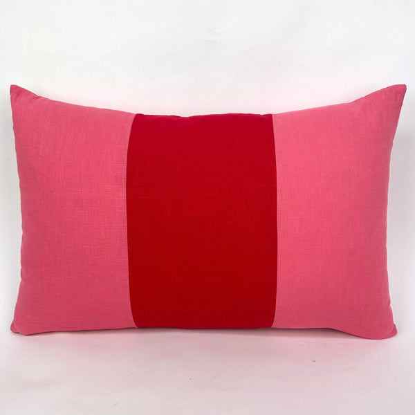 Triple Colour Block Linen Cushion Red & Pink Catherine Colebrook