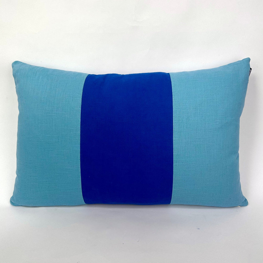 Triple Colour Block Linen Cushion Blue & Turquoise Catherine Colebrook