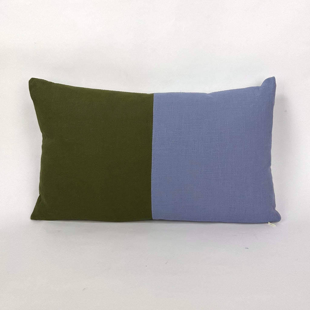 Two Colour Block Linen Cushion Khaki & Lavender Catherine Colebrook