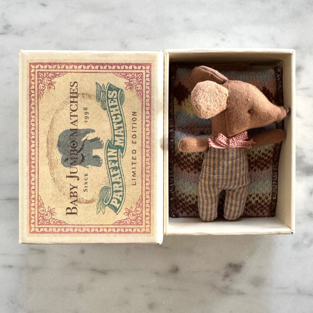 Maileg Baby Sleepy Wakey Mouse Rose in a Matchbox