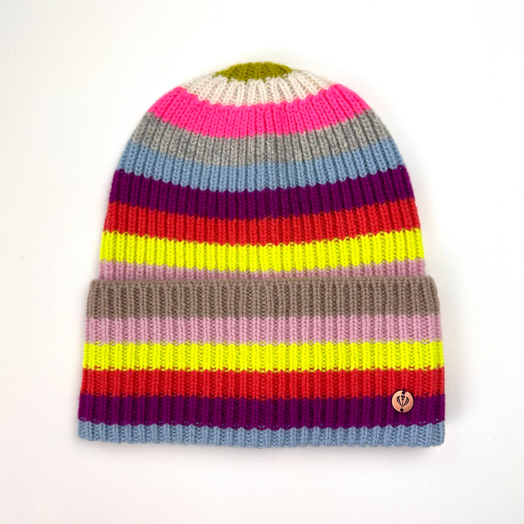 Soft touch beanie hat with multi coloured stripes.pg