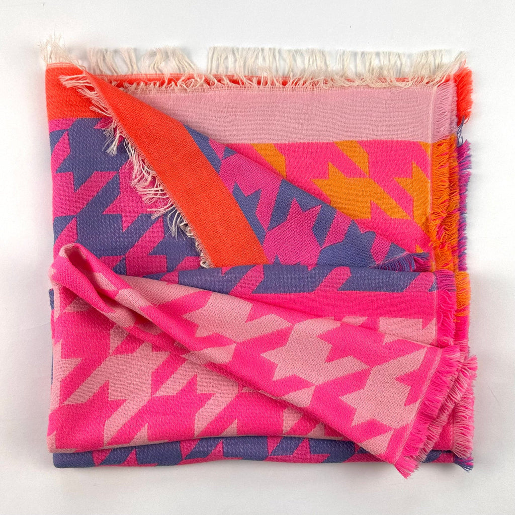 Brightly coloured patterned scarf in pink, orange, lilac and baby pink.jpg