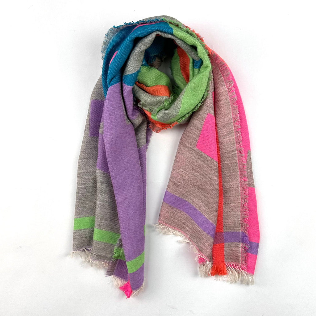 Brightly coloured patterned scarf with HAPPY motif, in grey, pink, orange, lilac and green.jpg