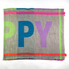 Brightly coloured patterned scarf with HAPPY motif, in grey, pink, orange, lilac and green.jpg