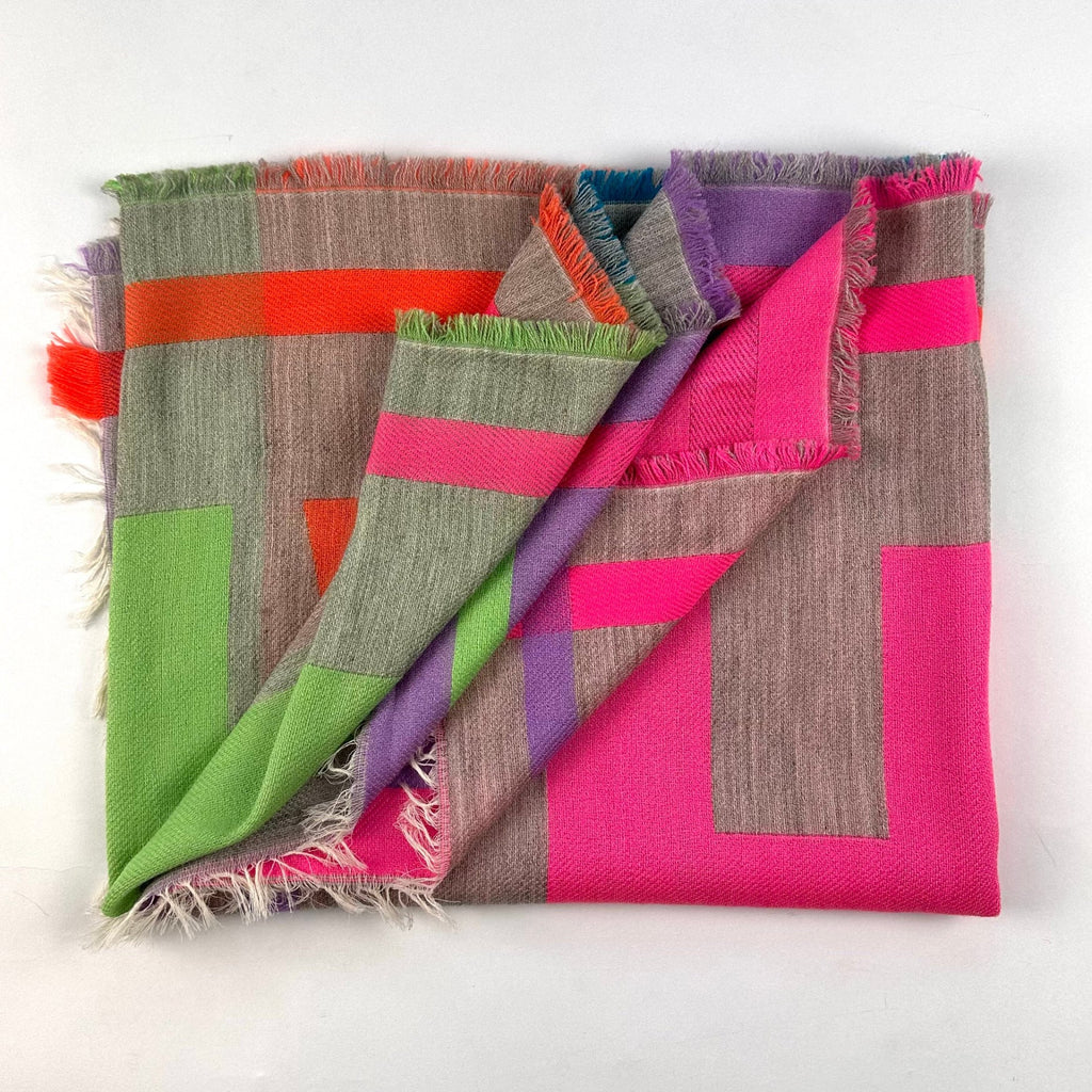 Brightly coloured patterned scarf with HAPPY motif, in grey, pink, orange, lilac and green.jpg