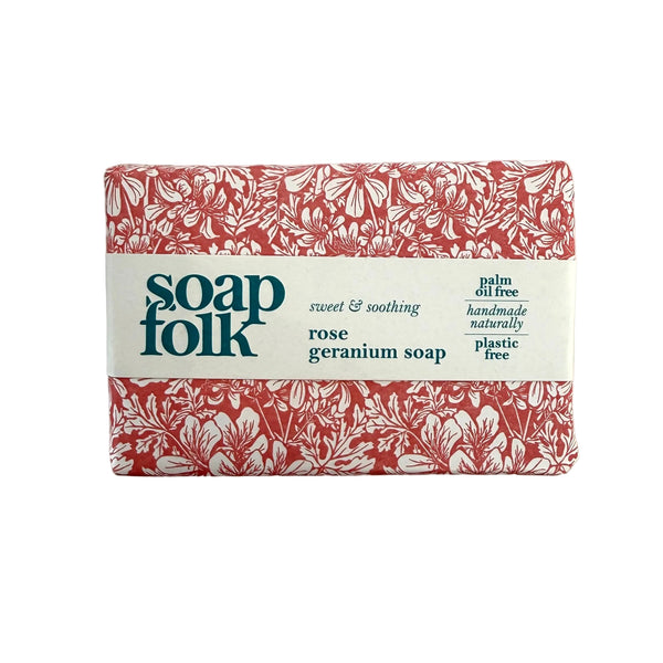 Bar of soap with 'soap folk' branding on a light gray background