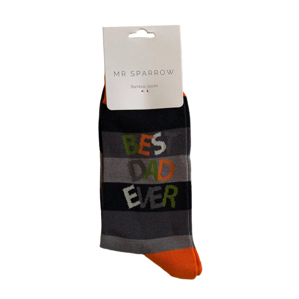 Sock with 'Best Dad Ever' text and orange toe, displayed on a white background with 'Mr Sparrow' label.