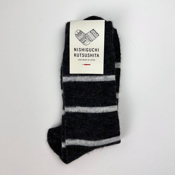 Nishiguchi Kutsushita charcoal and grey striped socks