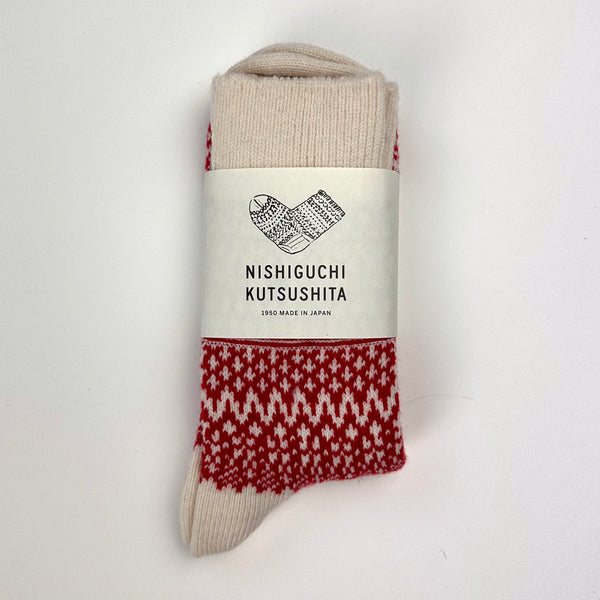 Nishiguchi Kutsushita red and cream wool socks
