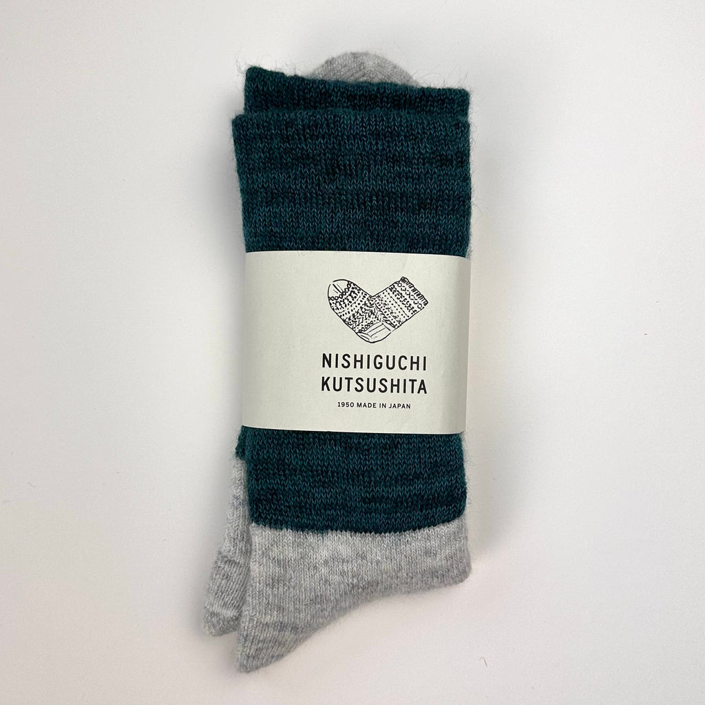 Nishiguchi Kutsushita teal and grey wool socks
