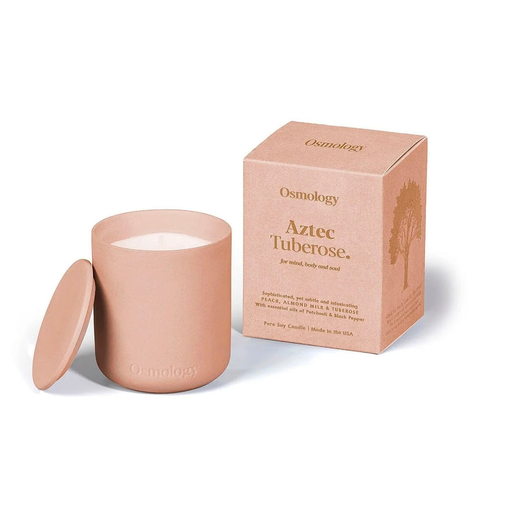 Osmology Aztec Tuberose candle and packaging on a white background