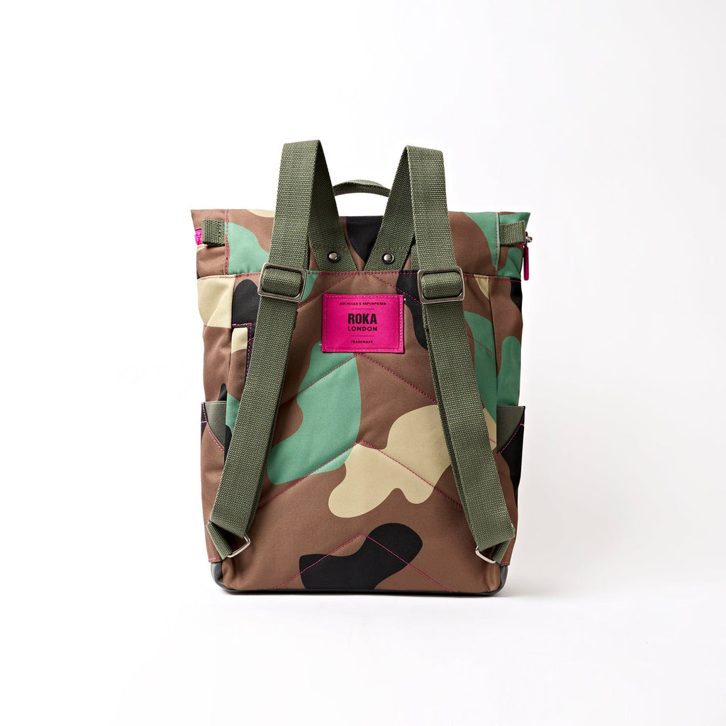 Roka Camouflage-patterned backpack with a pink Roka label on a white background