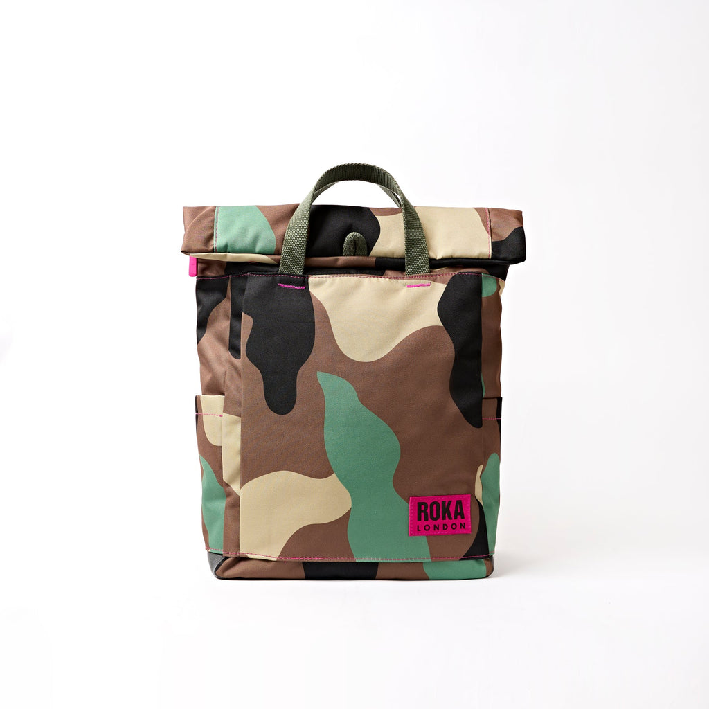Roka Camouflage-patterned bag with a visible brand logo on a white background