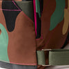 Roka Close-up of a camouflage-patterned bag with a green strap.