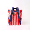 Rosa canfield circus Red and white striped backpack with blue straps on a white background