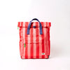 ROKA canfield Circus Red and pink striped backpack with blue straps on a white background