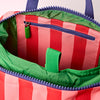RoKa Close-up of a colorful bag with red and green stripes and a blue zipper.