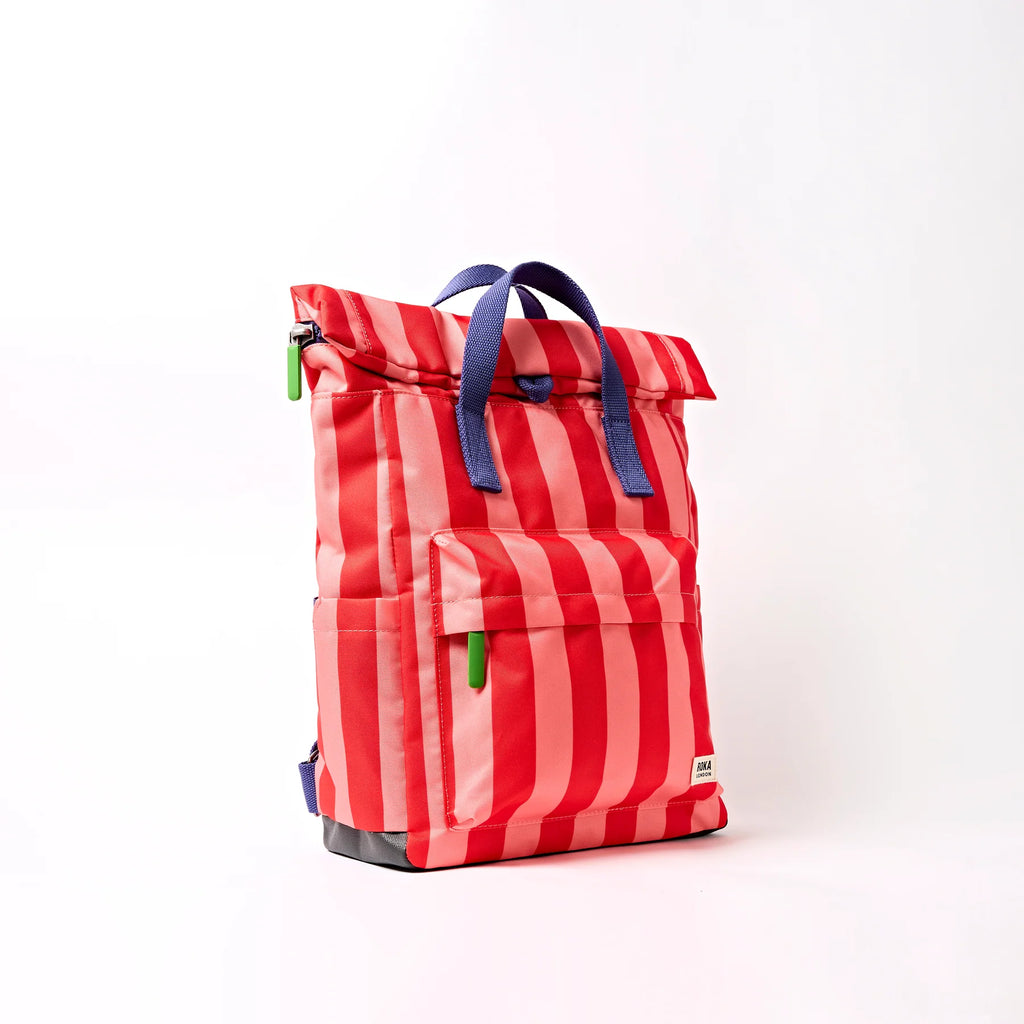 Rosa Canfield B circus print Red and pink striped backpack with blue straps on a white background