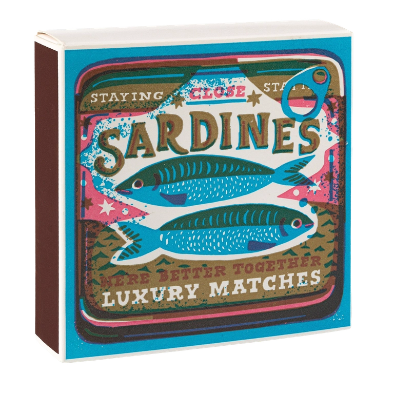 Archivist Matchbox with sardine design and text on a white background