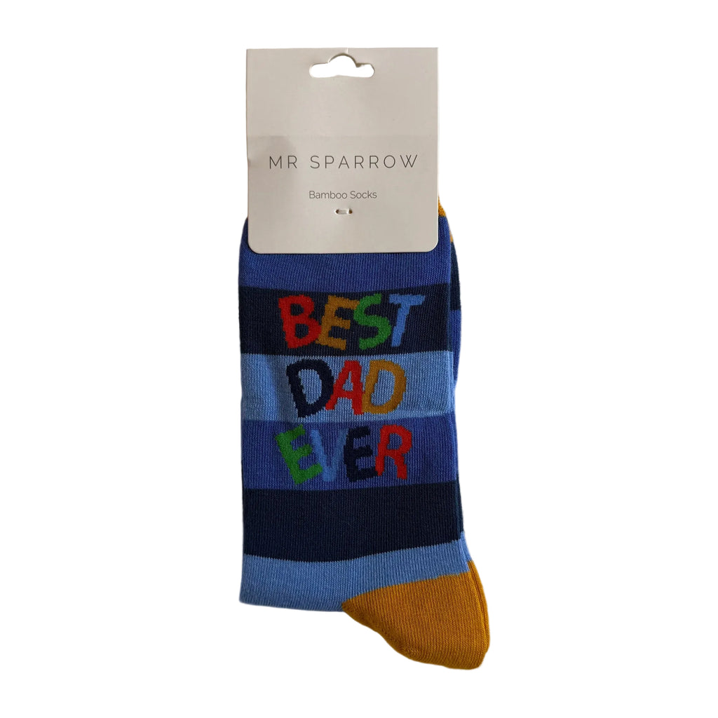 Sock with 'Best Dad Ever' text on a white background, branded 'Mr Sparrow'.