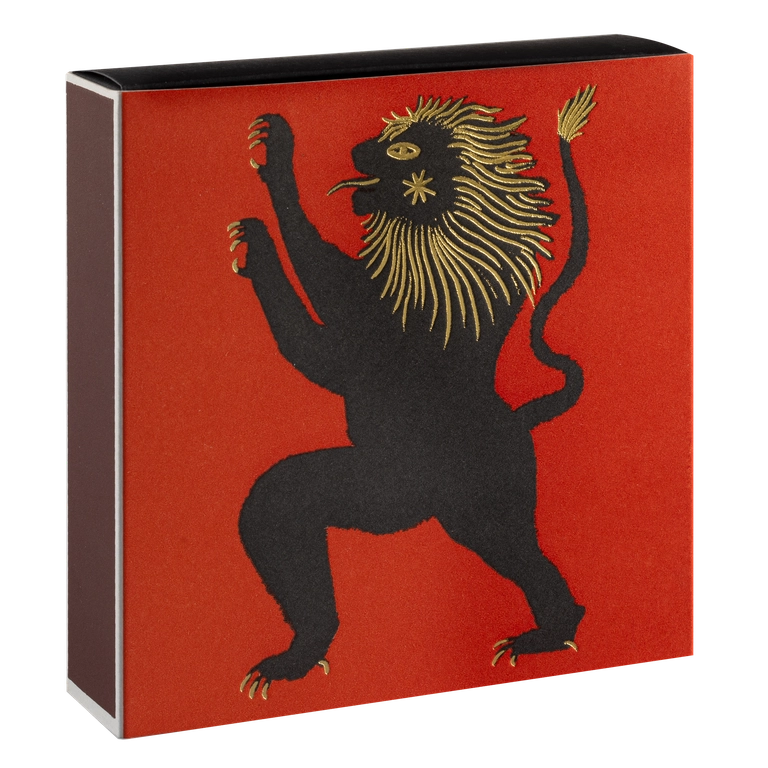 Archivist Red box with a black and gold lion design on a white background