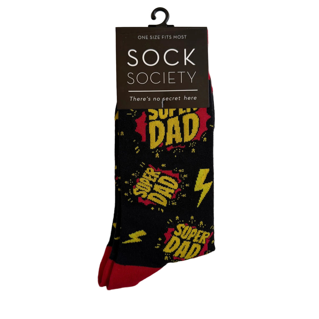 Packaged socks with 'Super Dad' text and graphics on a light gray background