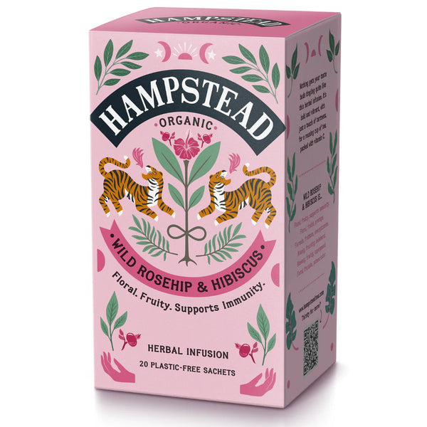 Hampstead Organic Wild Rosehip & Hibiscus herbal infusion packaging on a white background