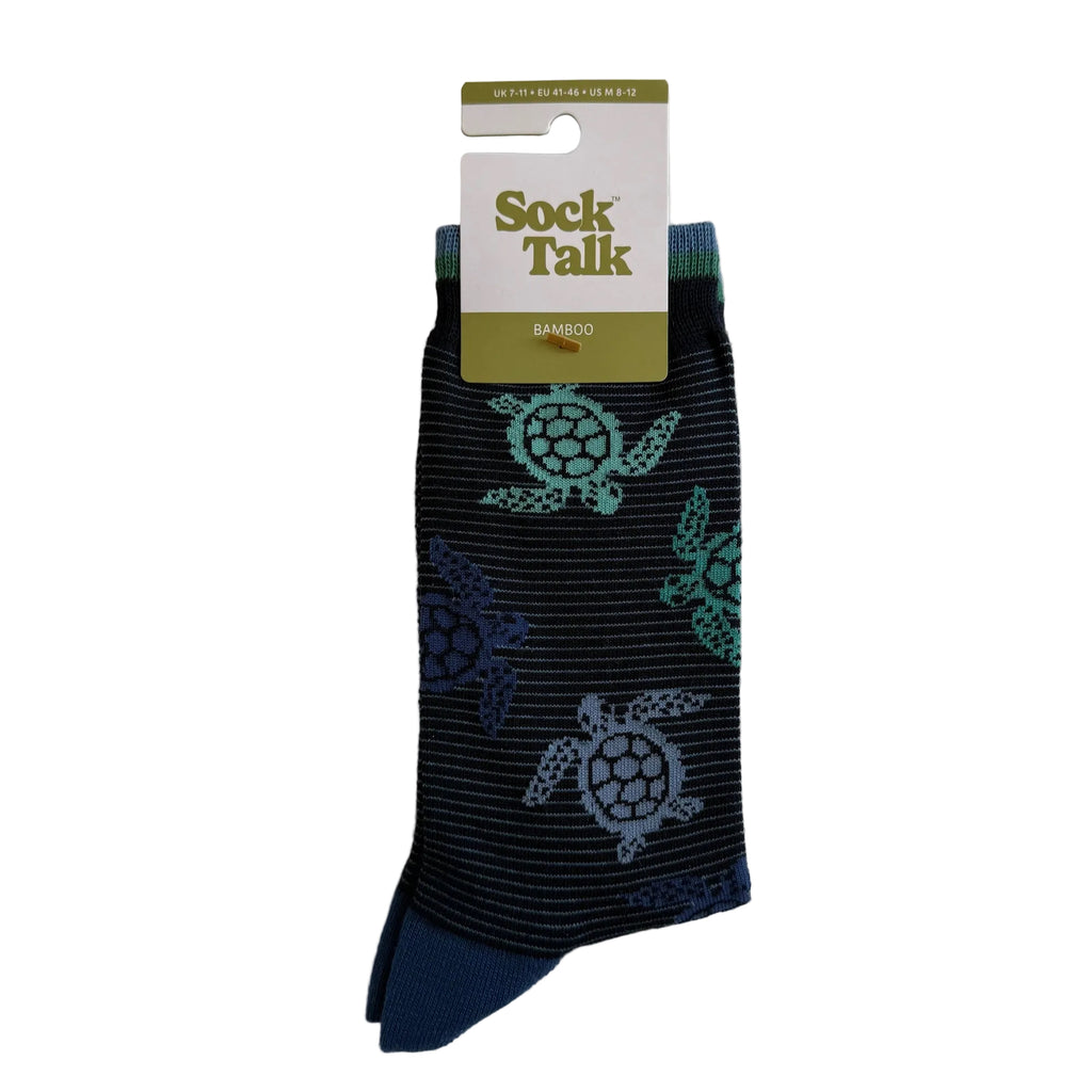 Pair of socks with turtle design and 'Sock Talk' label on a white background