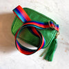 Green Metallic Leather Cross Body Bag With Rainbow Striped Strap And Leather Tassel..jpg