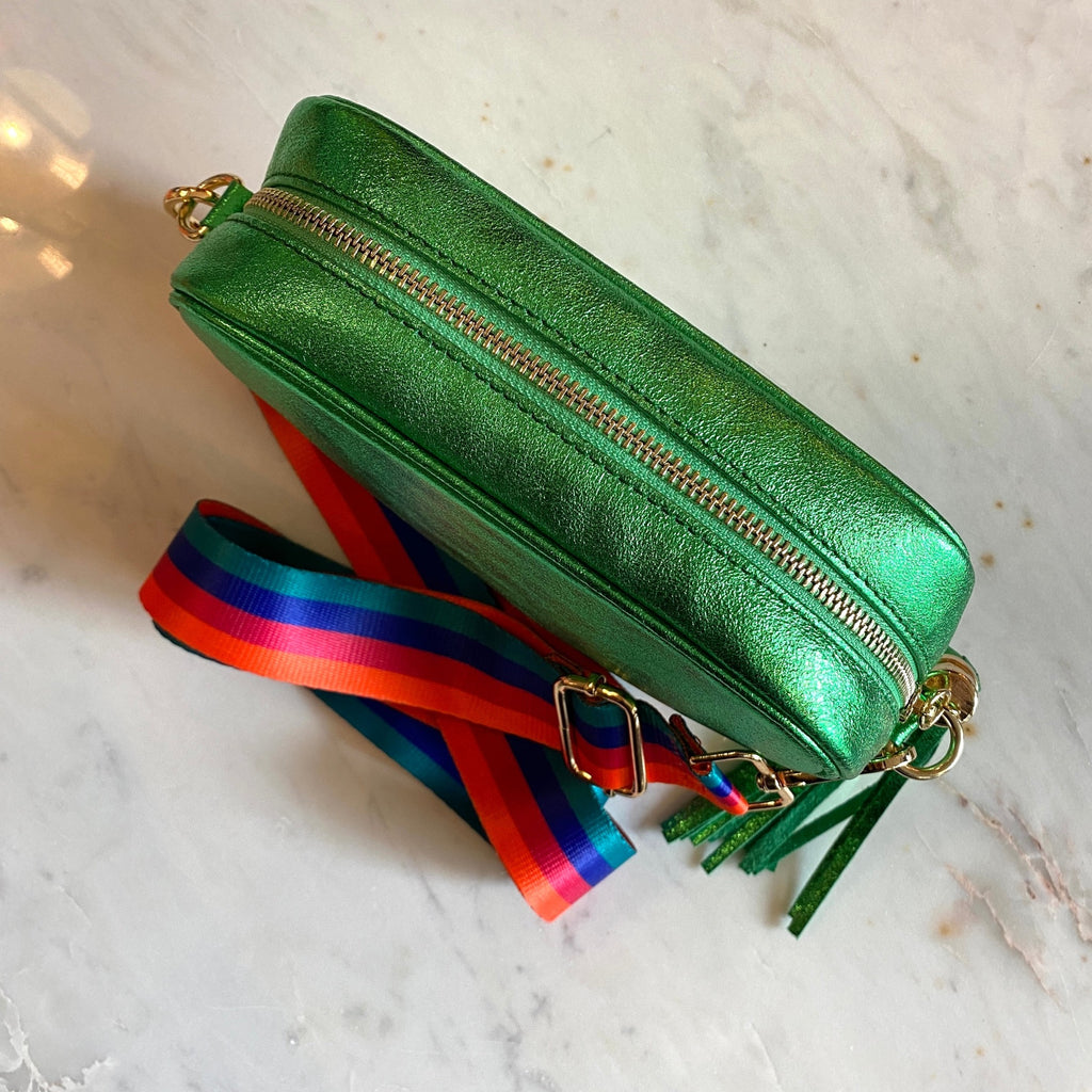 Green Metallic Leather Cross Body Bag With Rainbow Striped Strap And Leather Tassel. .jpg