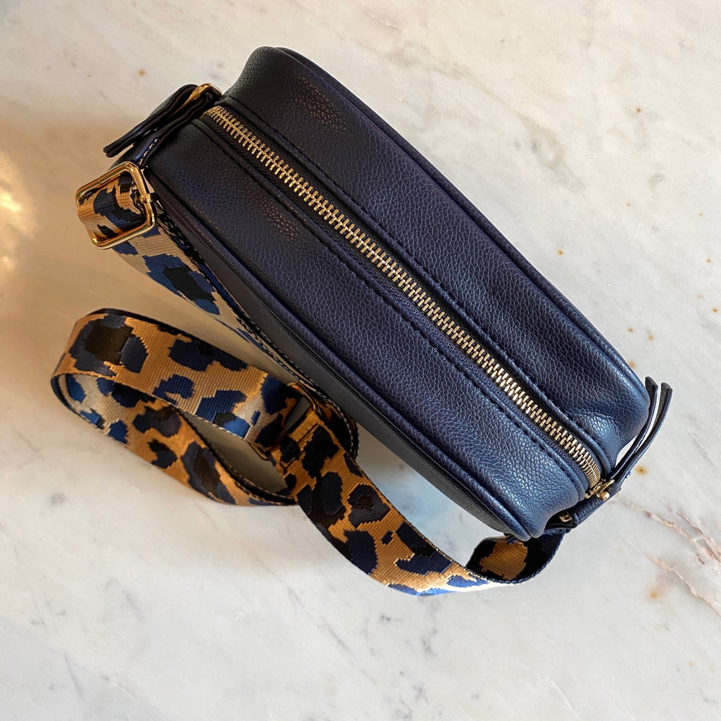Navy Blue Leather Cross Body Bag With Leopard Strap .jpg
