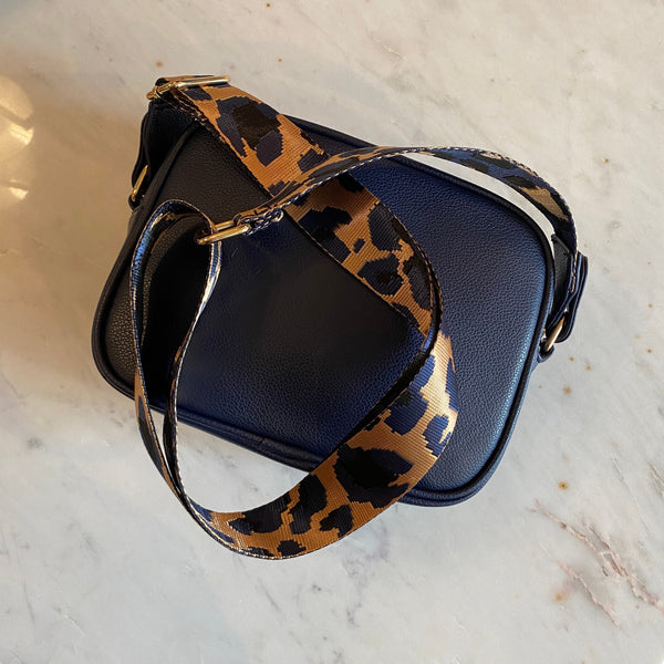 Navy Blue Leather Cross Body Bag With Leopard Strap .jpg