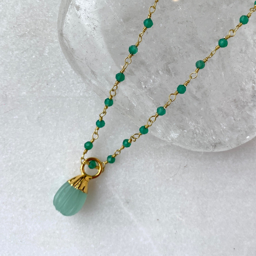 Mirabelle Chrysoprase Semi Precious Stone Rosary With Chalcedony Pendant.jpg