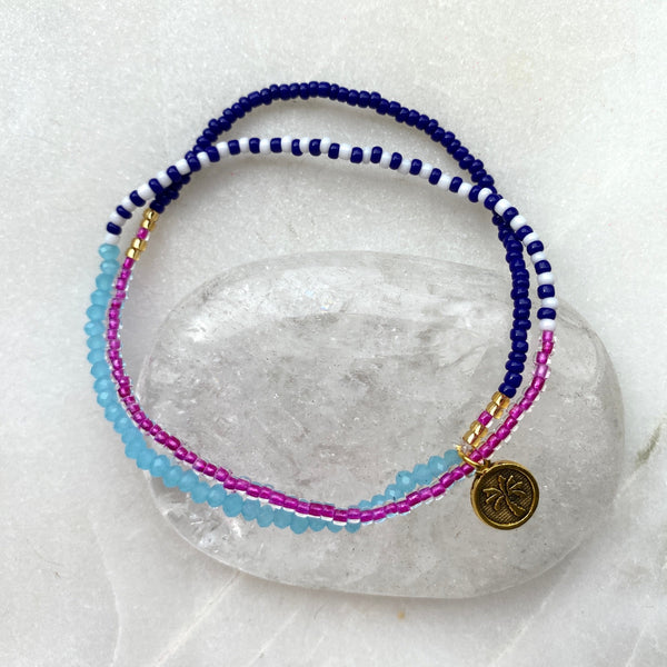 Stretch double bracelet, pink, turquoise and indigo..jpg
