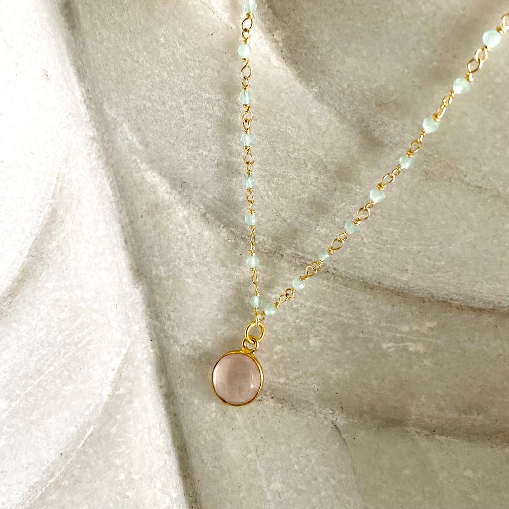 Chalcedony rosary chain with rose quartz pendant