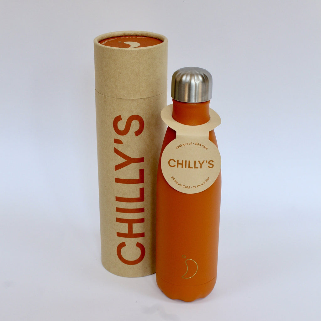 chilly's water bottle burnt orange stainless steel  500 ml  24 hours cold  12 hours hot  jpg